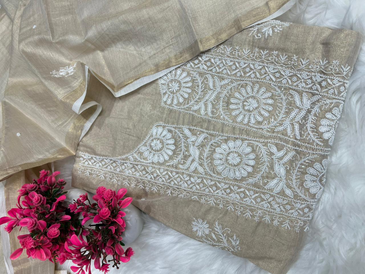 Lucknowi Chikankari Tissue A-Line Kurta Set with Dupatta Pearl Handwork