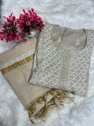 Lucknowi Chikankari Tissue A-Line Kurta Set with Dupatta Handcrafted Pearl & Cutdana Work