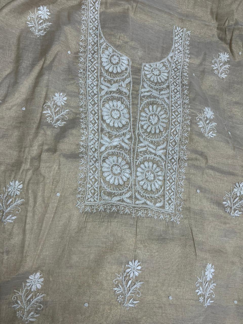 Lucknowi Chikankari Tissue A-Line Kurta Set with Dupatta Pearl Handwork