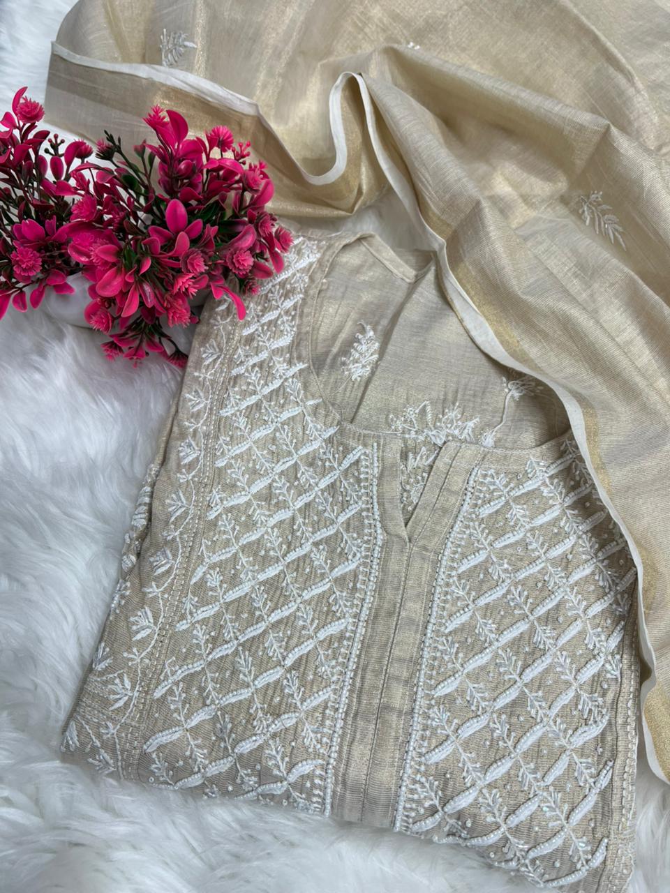 Lucknowi Chikankari Tissue A-Line Kurta Set with Dupatta Handcrafted Pearl & Cutdana Work