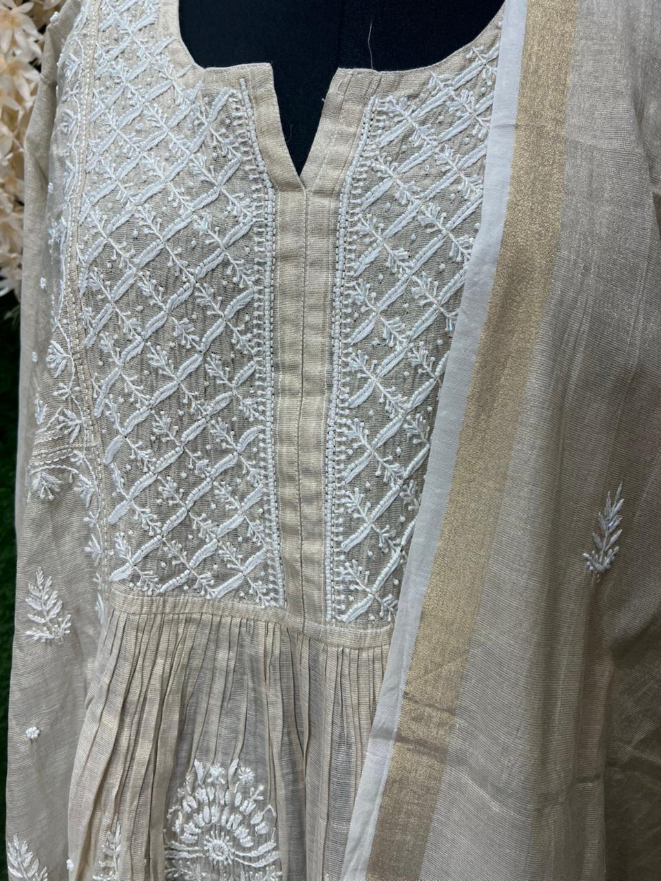 Lucknowi Chikankari Tissue A-Line Kurta Set with Dupatta Handcrafted Pearl & Cutdana Work