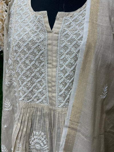 Lucknowi Chikankari Tissue A-Line Kurta Set with Dupatta Handcrafted Pearl & Cutdana Work