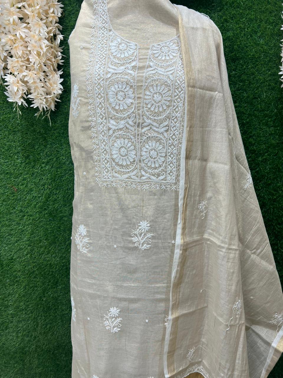 Lucknowi Chikankari Tissue A-Line Kurta Set with Dupatta Pearl Handwork