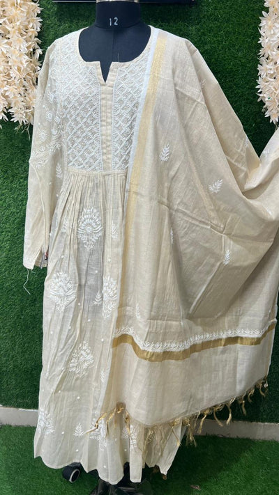 Lucknowi Chikankari Tissue A-Line Kurta Set with Dupatta Handcrafted Pearl & Cutdana Work