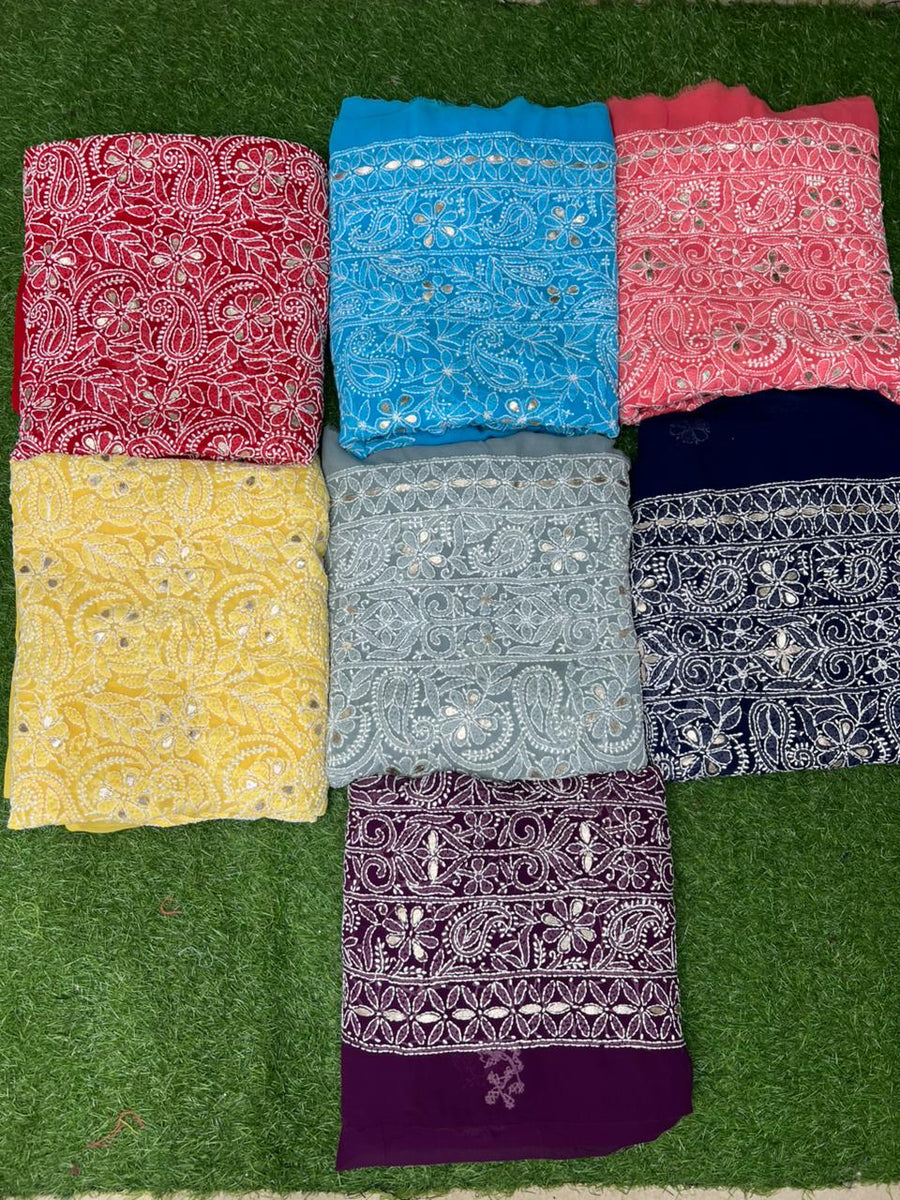 Unstitched Lucknowi Chikankari Suit Set with Gota Patti Handwork