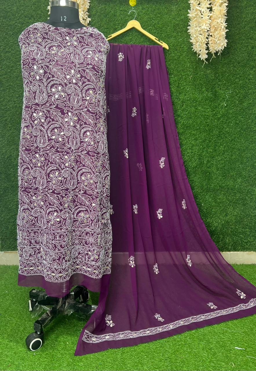 Unstitched Lucknowi Chikankari Suit Set with Gota Patti Handwork
