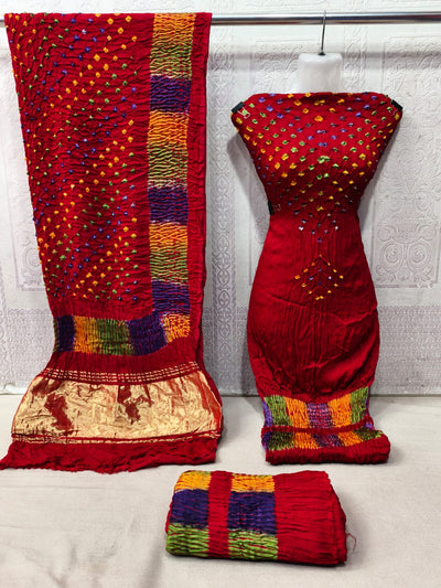 Hand-Dyed Lagdi Patta Modal Silk Suit Set with Multi Shibori & Multi Bandhej Dupatta