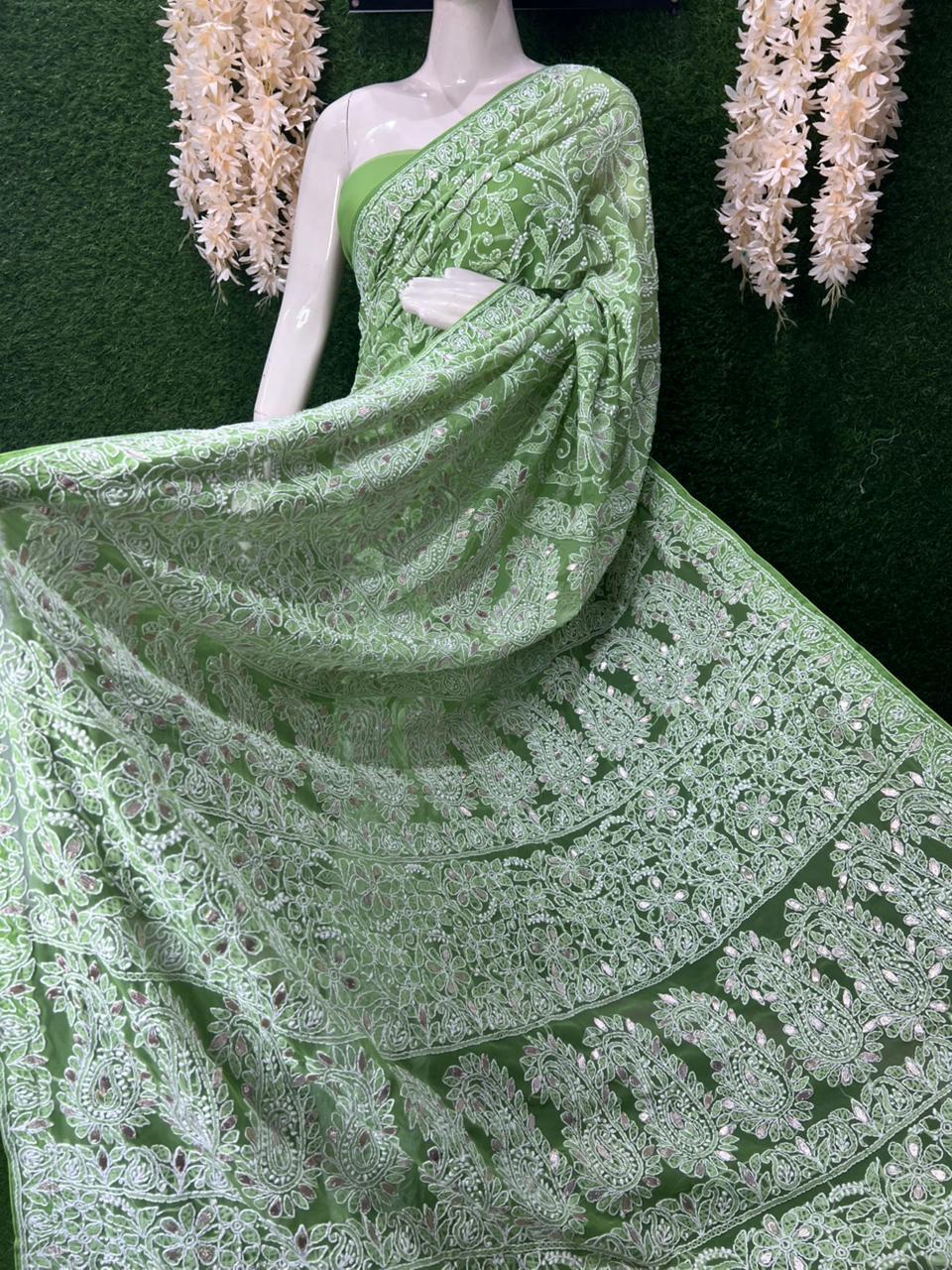 Lucknowi Chikankari Full Jaal Saree with Intricate Gota Patti Handwork
