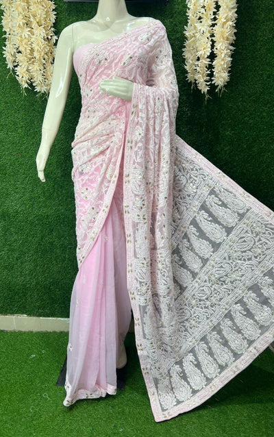 Lucknowi Chikankari Half Jaal Saree with Gota Patti Handwork