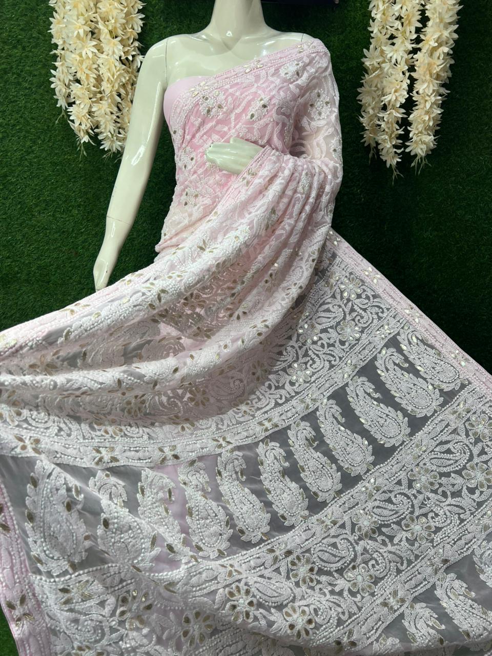 Lucknowi Chikankari Half Jaal Saree with Gota Patti Handwork