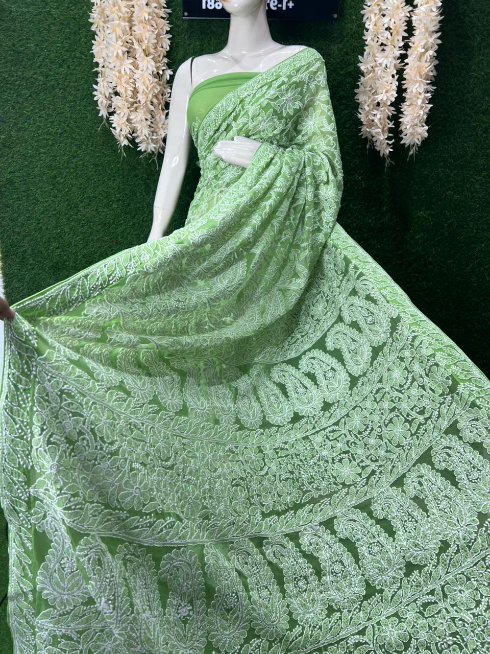 Lucknowi Chikankari Full Jaal Georgette Saree