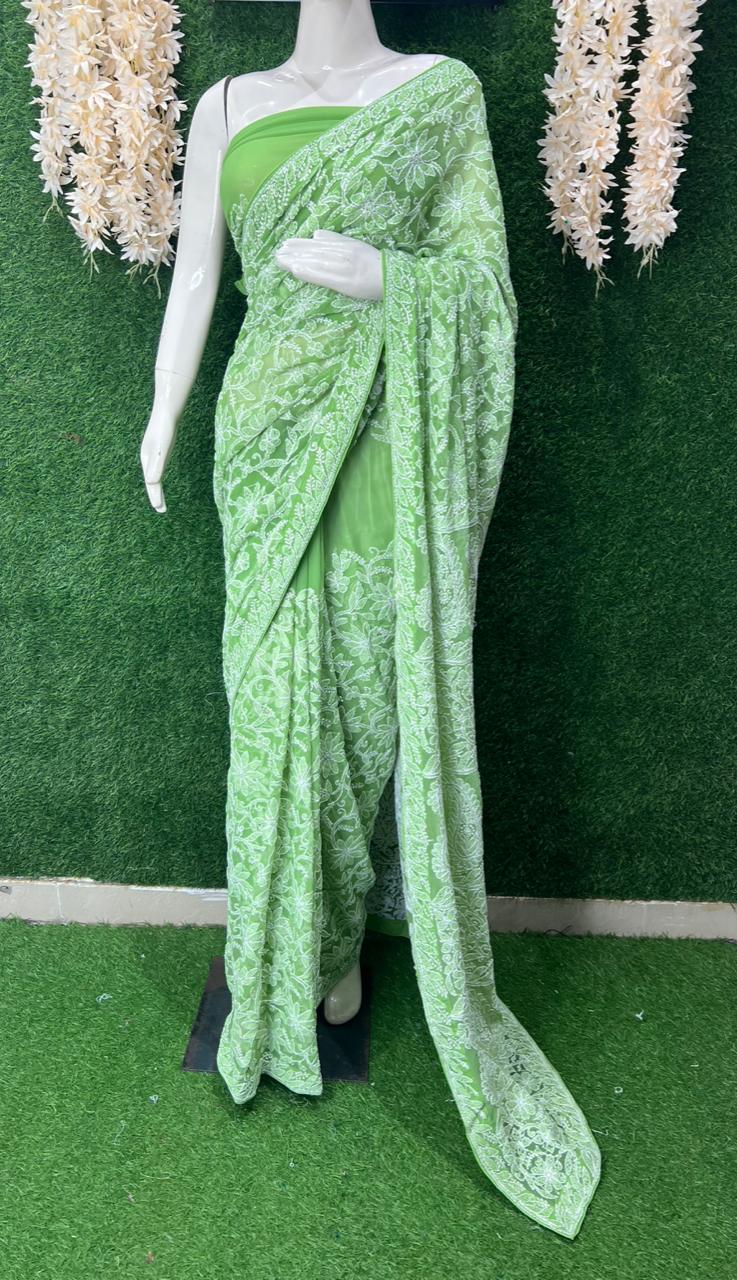 Lucknowi Chikankari Full Jaal Georgette Saree