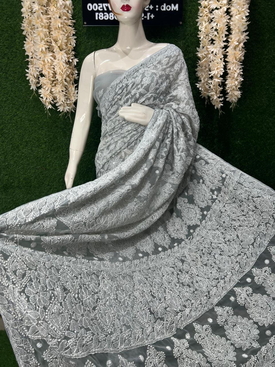 Lucknowi Chikankari Full Jaal Georgette Saree