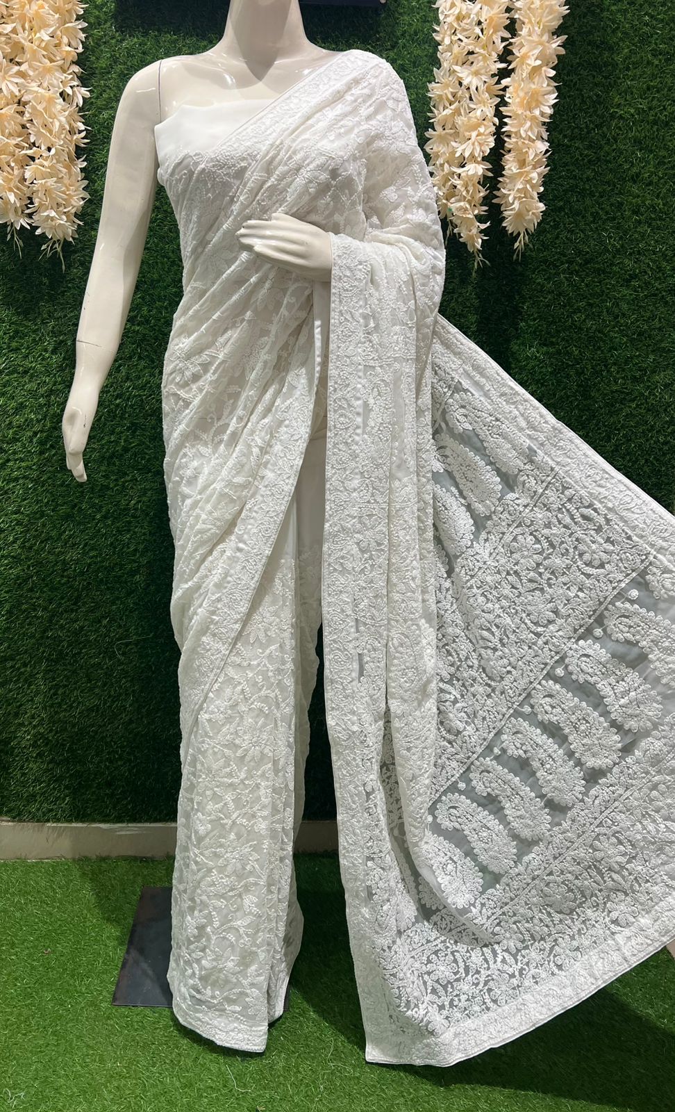 Lucknowi Chikankari Full Jaal Georgette Saree