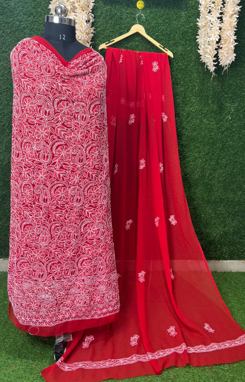 Unstitched Lucknowi Chikankari Suit Set with Hand Embroidery