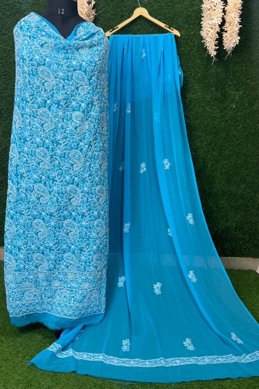 Unstitched Lucknowi Chikankari Suit Set with Hand Embroidery