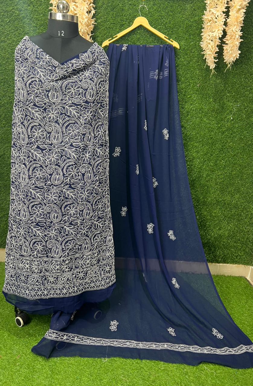 Unstitched Lucknowi Chikankari Suit Set with Hand Embroidery