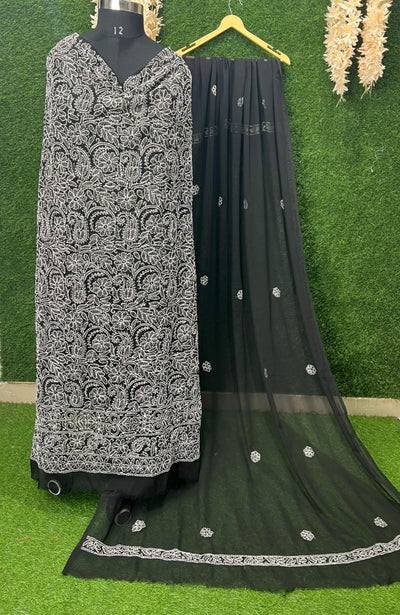 Unstitched Lucknowi Chikankari Suit Set with Hand Embroidery