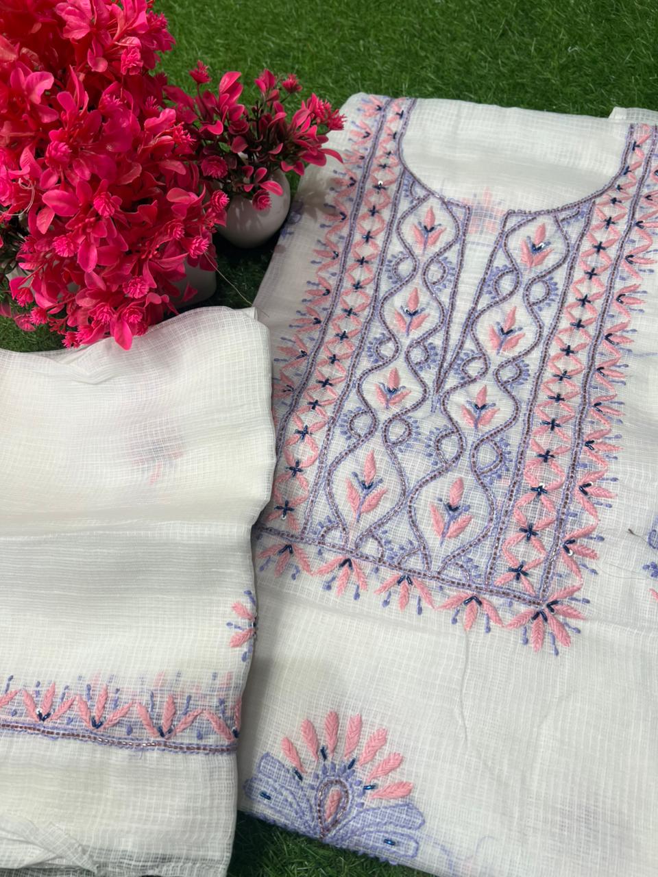 Unstitched Kota Fabric Lucknowi Multi-Thread Chikankari Kurta & Dupatta Set