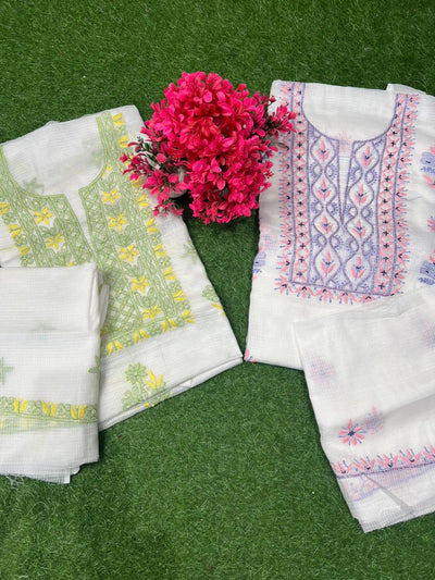 Unstitched Kota Fabric Lucknowi Multi-Thread Chikankari Kurta & Dupatta Set
