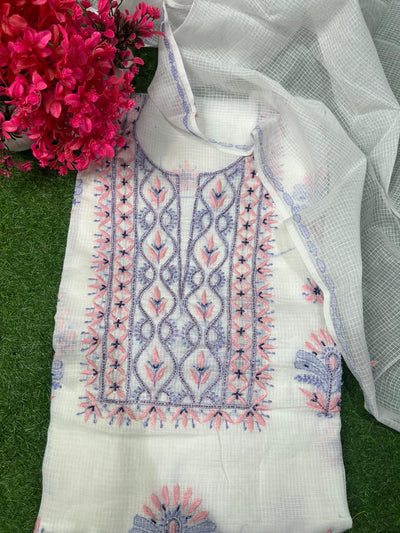 Unstitched Kota Fabric Lucknowi Multi-Thread Chikankari Kurta & Dupatta Set