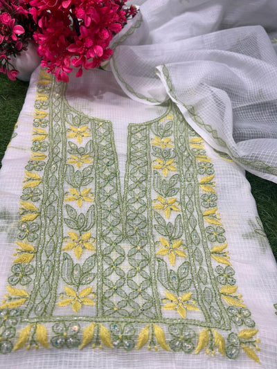 Unstitched Kota Fabric Lucknowi Multi-Thread Chikankari Kurta & Dupatta Set