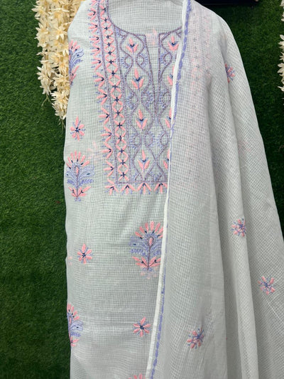 Unstitched Kota Fabric Lucknowi Multi-Thread Chikankari Kurta & Dupatta Set