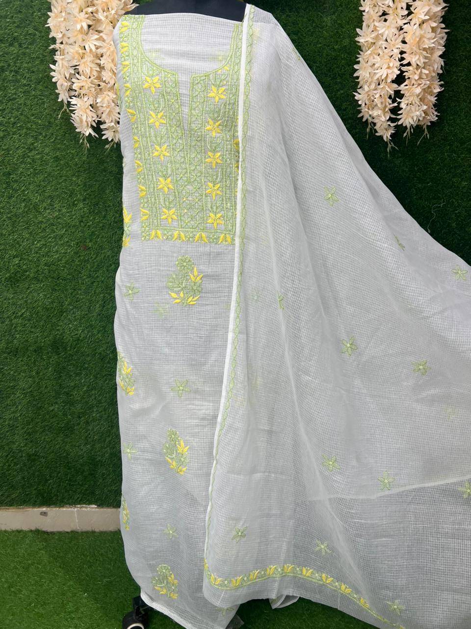 Unstitched Kota Fabric Lucknowi Multi-Thread Chikankari Kurta & Dupatta Set