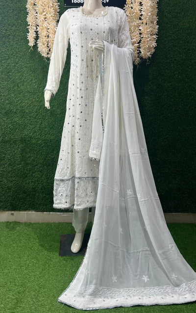 Lucknowi Chikankari Anarkali Suit with Real Mirror, Pearl & Cutdana Work Dupatta with Lace Border