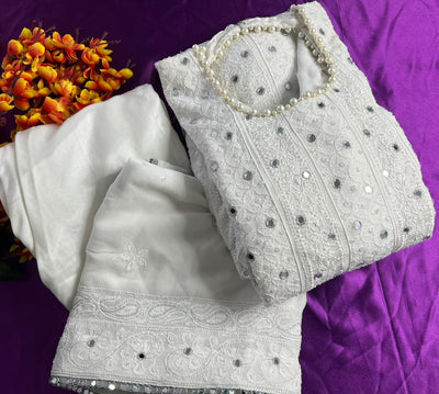 Lucknowi Chikankari Anarkali Suit with Real Mirror, Pearl & Cutdana Work Dupatta with Lace Border