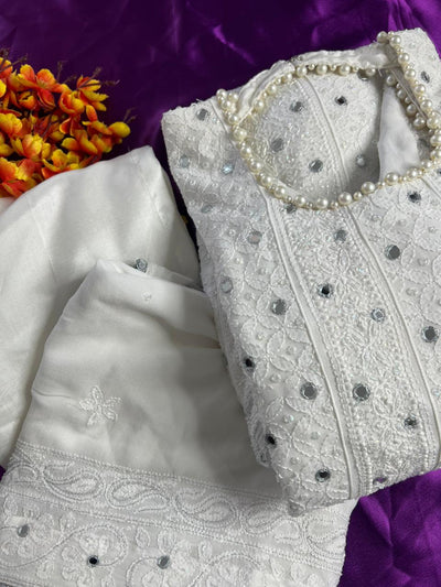Lucknowi Chikankari Anarkali Suit with Real Mirror, Pearl & Cutdana Work Dupatta with Lace Border