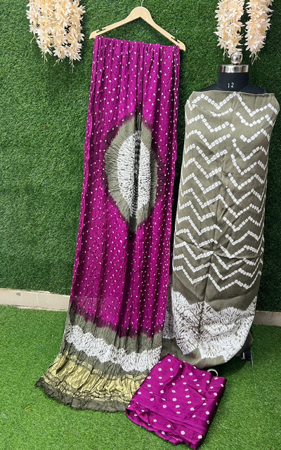 Modal Silk Hand Shibori Leheriya Bandhej Unstitched Suit Set