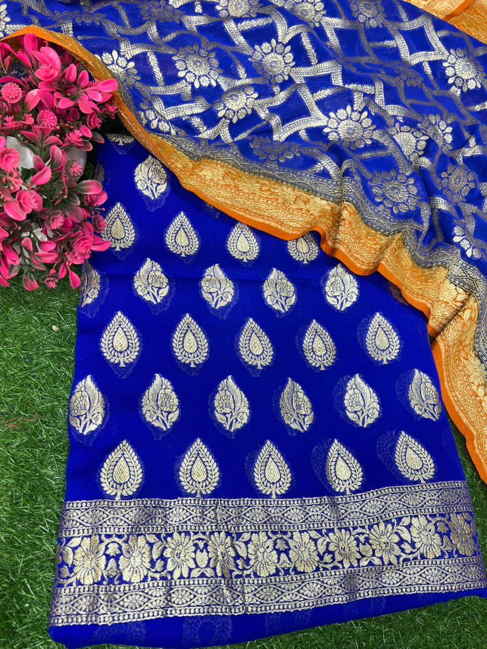 Pure Handloom Banarsi Khaddi Georgette Unstitched Suit with Zari Work