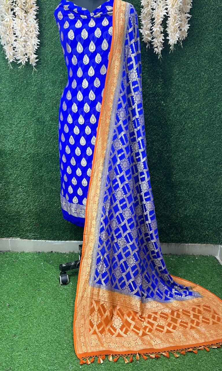 Pure Handloom Banarsi Khaddi Georgette Unstitched Suit with Zari Work