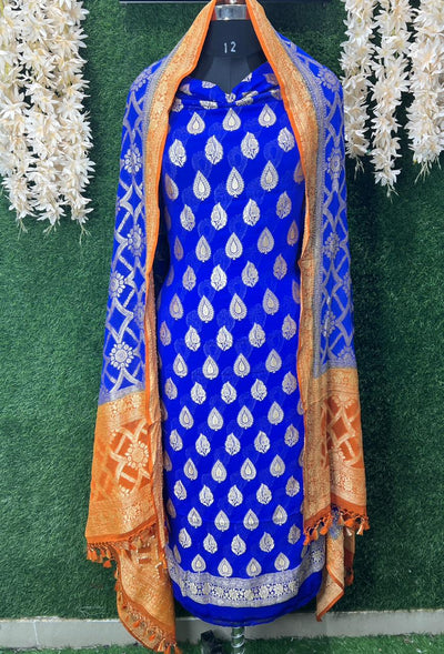 Pure Handloom Banarsi Khaddi Georgette Unstitched Suit with Zari Work
