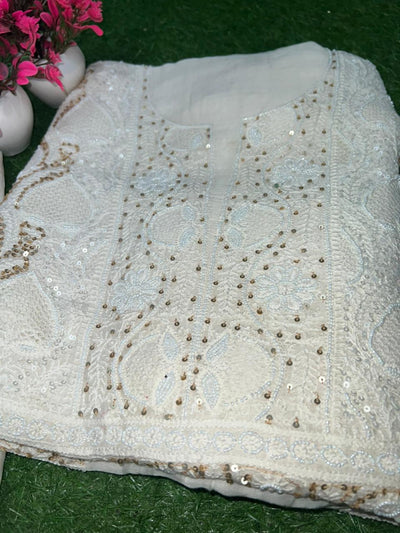 Mul Chanderi Lucknowi Chikankari Unstitched Suit with Hand Jaali & Sequin Work
