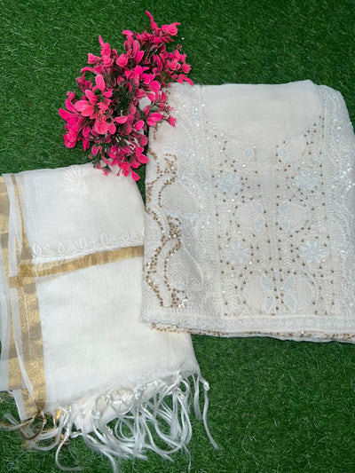 Mul Chanderi Lucknowi Chikankari Unstitched Suit with Hand Jaali & Sequin Work