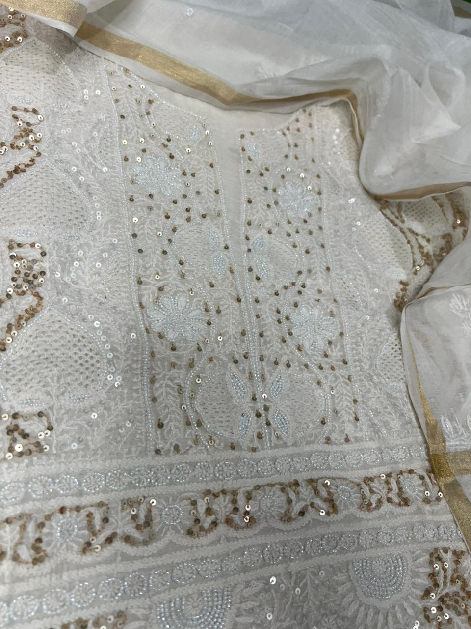 Mul Chanderi Lucknowi Chikankari Unstitched Suit with Hand Jaali & Sequin Work