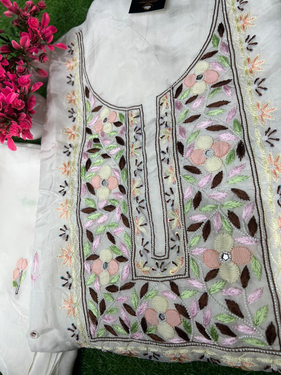 Lucknowi Chikankari Parsi Gara Crepe Unstitched Suit Set with Mirror & Pearl Handwork