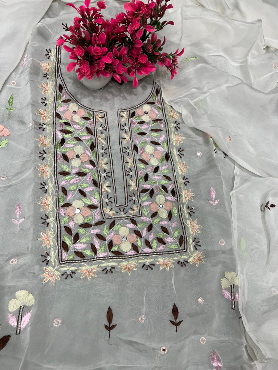 Lucknowi Chikankari Parsi Gara Crepe Unstitched Suit Set with Mirror & Pearl Handwork