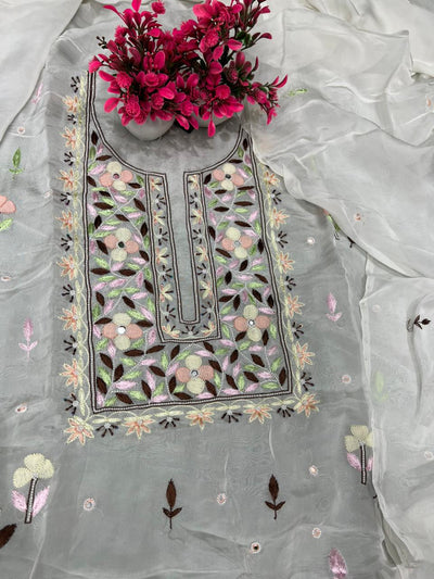 Lucknowi Chikankari Parsi Gara Crepe Unstitched Suit Set with Mirror & Pearl Handwork