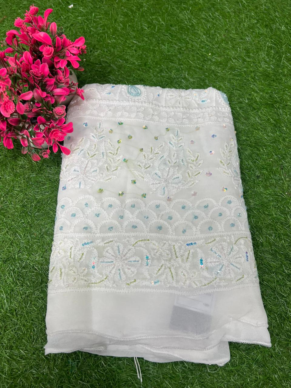 Lucknowi Chikankari Kurta with Cutdana & Sequin Hand Embroidery