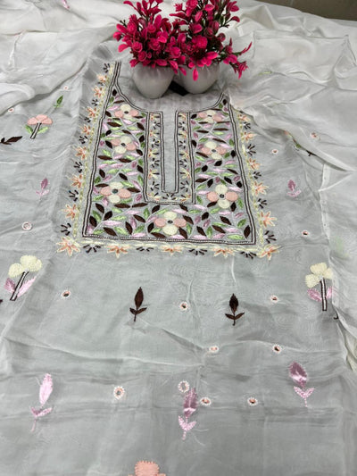 Lucknowi Chikankari Parsi Gara Crepe Unstitched Suit Set with Mirror & Pearl Handwork