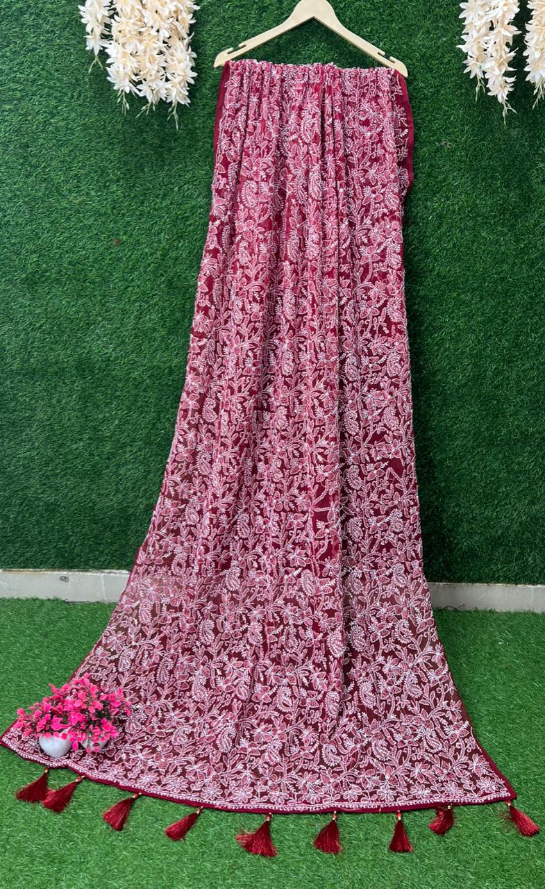 Lucknowi Chikankari Full Jaal Hand Embroidered Georgette Dupatta