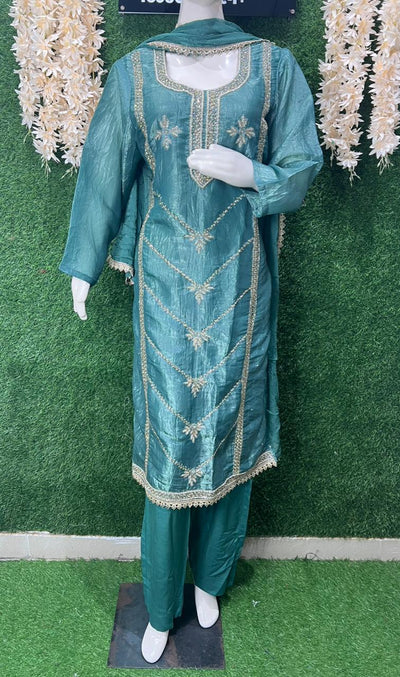 Silk Pearl & Cutdana Sequin Embroidered Kurta Set with Lace Border and Chiffon Dupatta
