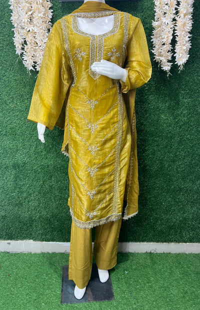 Silk Pearl & Cutdana Sequin Embroidered Kurta Set with Lace Border and Chiffon Dupatta