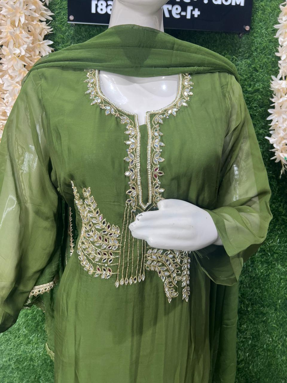 Pearl & Cutdana Real Mirror Embroidered Kurta Suit Set with Chiffon Dupatta