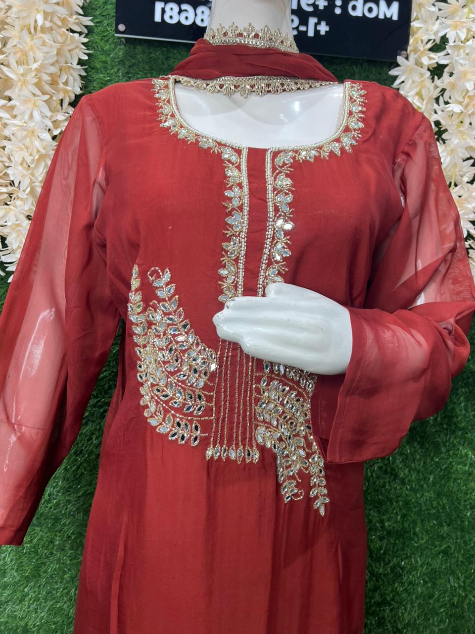 Pearl & Cutdana Real Mirror Embroidered Kurta Suit Set with Chiffon Dupatta