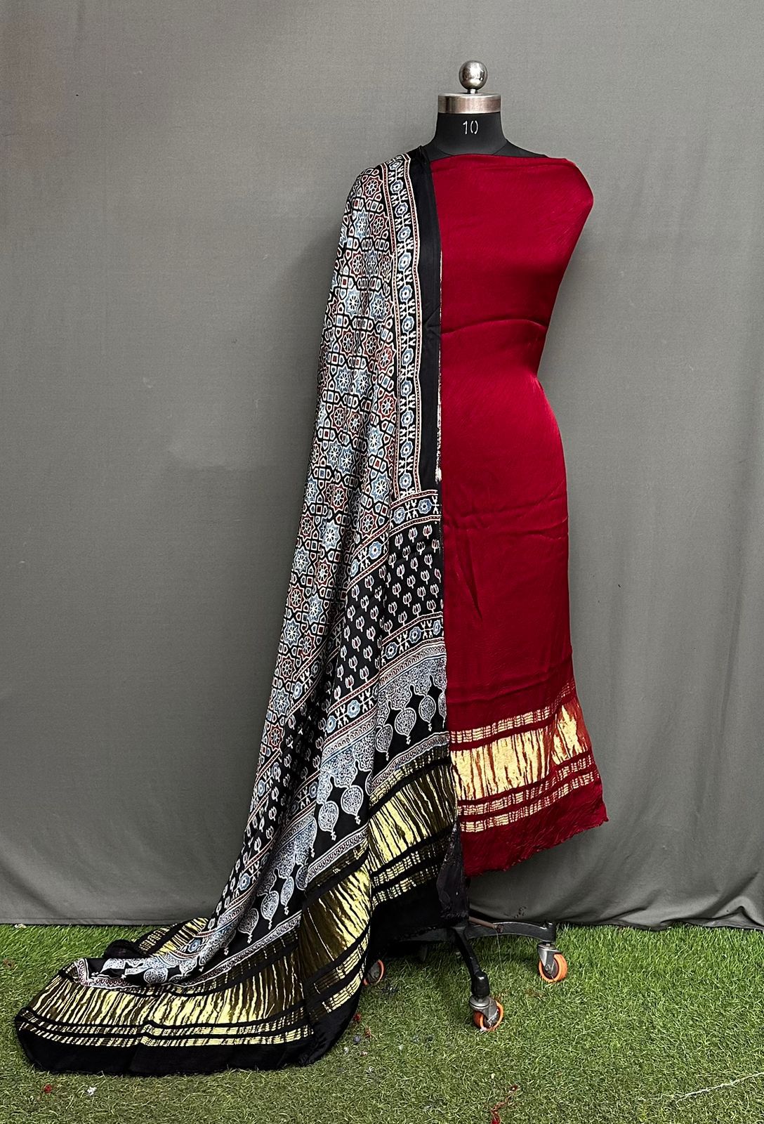 Unstitched Modal Silk Suit Set with Lagdi Patta Kurta & Hand Block Ajrak Dupatta