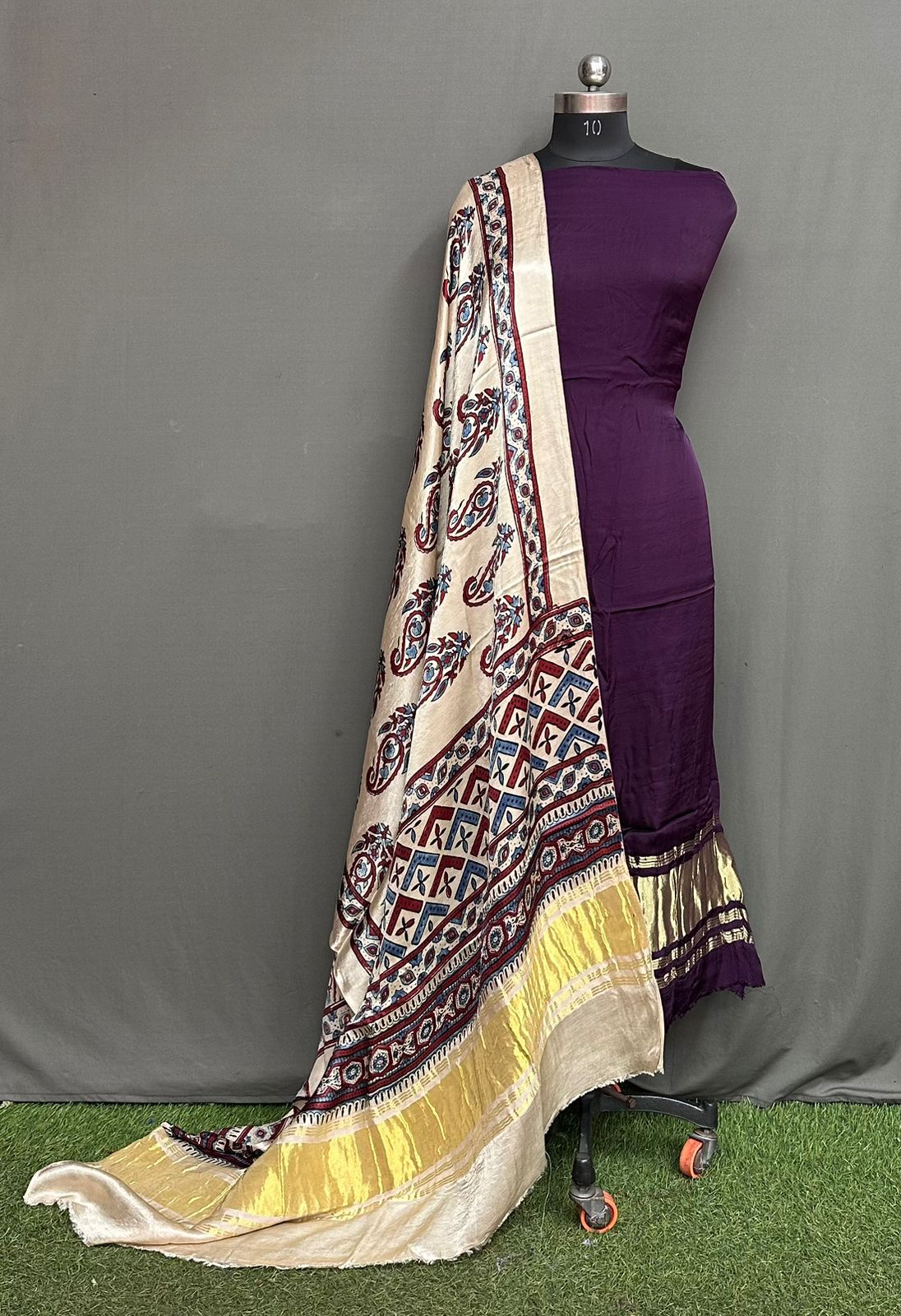 Unstitched Modal Silk Suit Set with Lagdi Patta Kurta & Hand Block Ajrak Dupatta